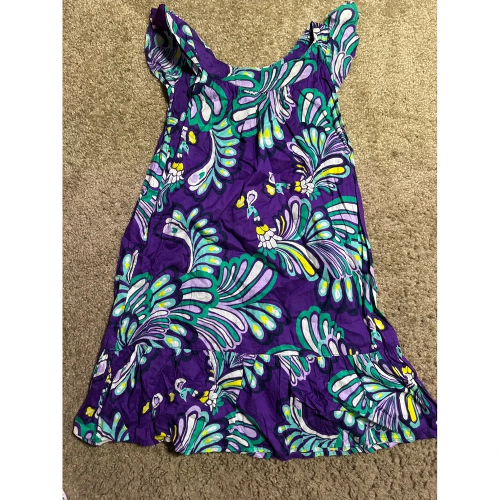Old Navy Girls Purple Peacock Feather Print Flutter Sleeve Dress Size 6-7 Summer